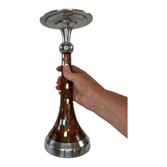 Set of 3 Art Deco Mantle Home Décor Red Glaze Pottery Mosaic Glass Candle Holder - Picture 3 of 15